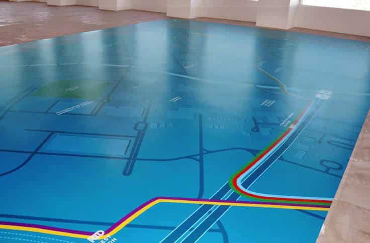 A photo of printed lino floor graphics