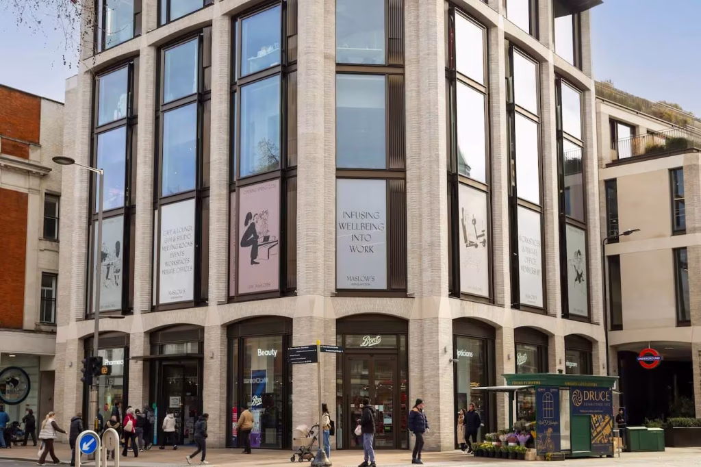 We Are Trade Printers 6 Contravision window graphics displayed above the Boots store at Maslows Kensington on Kensington High Street.